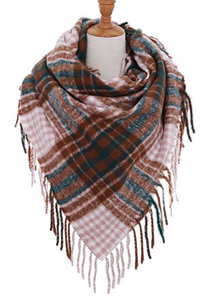 Square Double Checker Pattern Scarf with Fringe