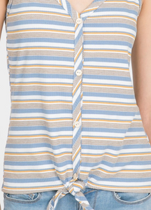 Striped Ribbed Button Down Front Tie Tank Top