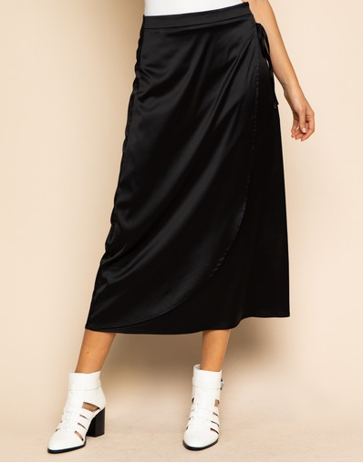 Black satin wrap skirt discount