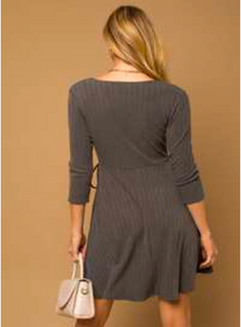 3/4 Sleeve Faux Wrap Tie Waist Knit Dress