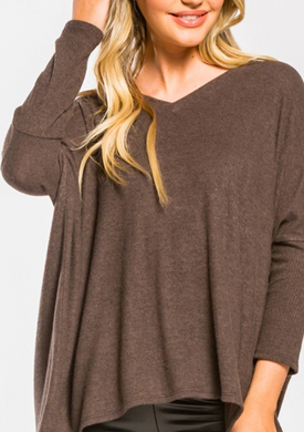 3/4 Sleeve V-Neck Brushed Sweater