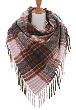 Square Double Checker Pattern Scarf with Fringe