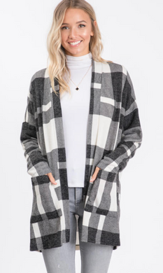 Open Front Knit Plaid Cardigan