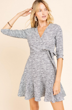 Load image into Gallery viewer, Faux Wrap Quarter Sleeve Dress with Ruffle Tier Hem