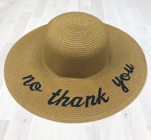 Embroidered "No Thank You" Floppy Wide Brim Straw Sun Hat