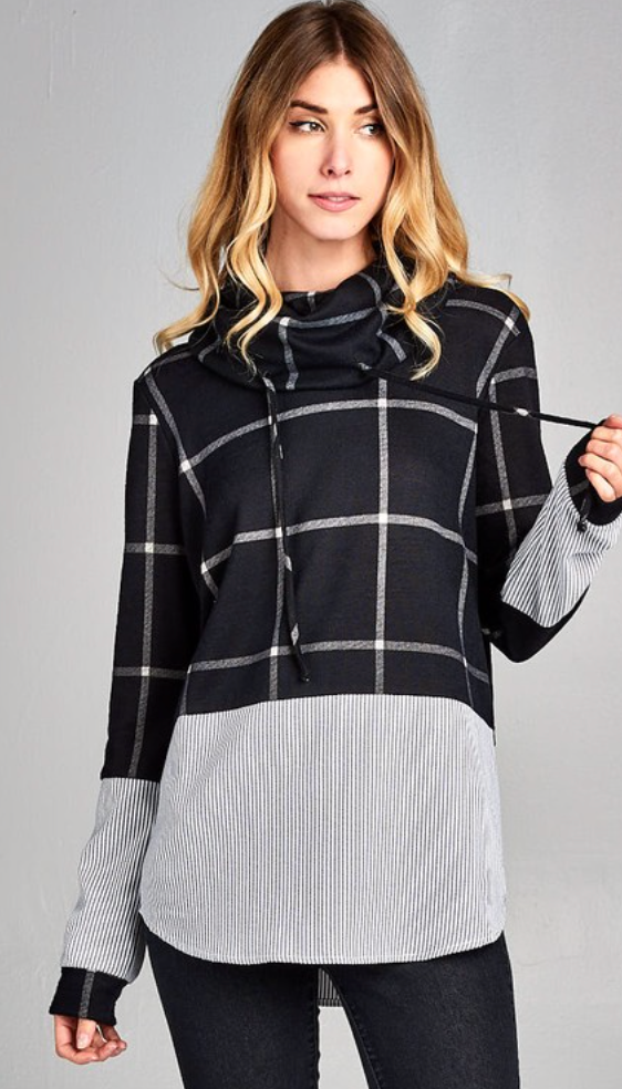 Plaid Sweater Top with Pinstripe Woven Bottom