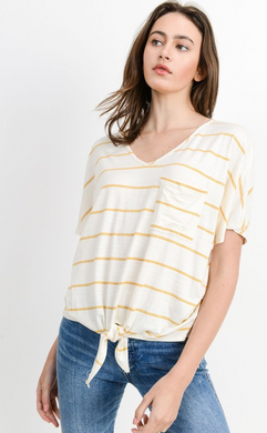 Striped Slub V Neck Drop Shoulder Front Tie Top