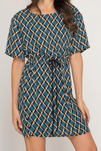Load image into Gallery viewer, Teal Short Sleeve Geo Print Dress w/ Waist Tie