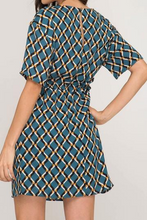 Load image into Gallery viewer, Teal Short Sleeve Geo Print Dress w/ Waist Tie