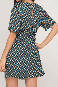 Teal Short Sleeve Geo Print Dress w/ Waist Tie