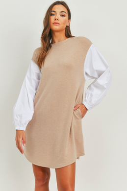 Balloon Sleeves French Terry Pocket Knit Dress (2 Colours)