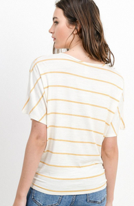 Striped Slub V Neck Drop Shoulder Front Tie Top