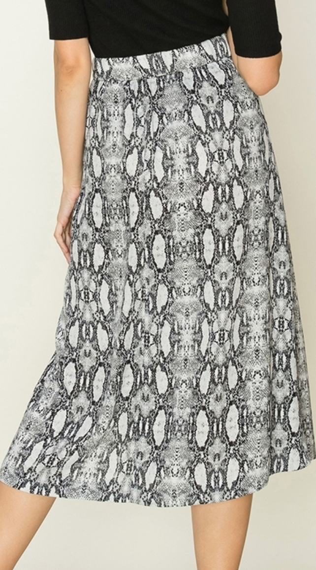 Side Button Snake Skin Pleated Midi Skirt